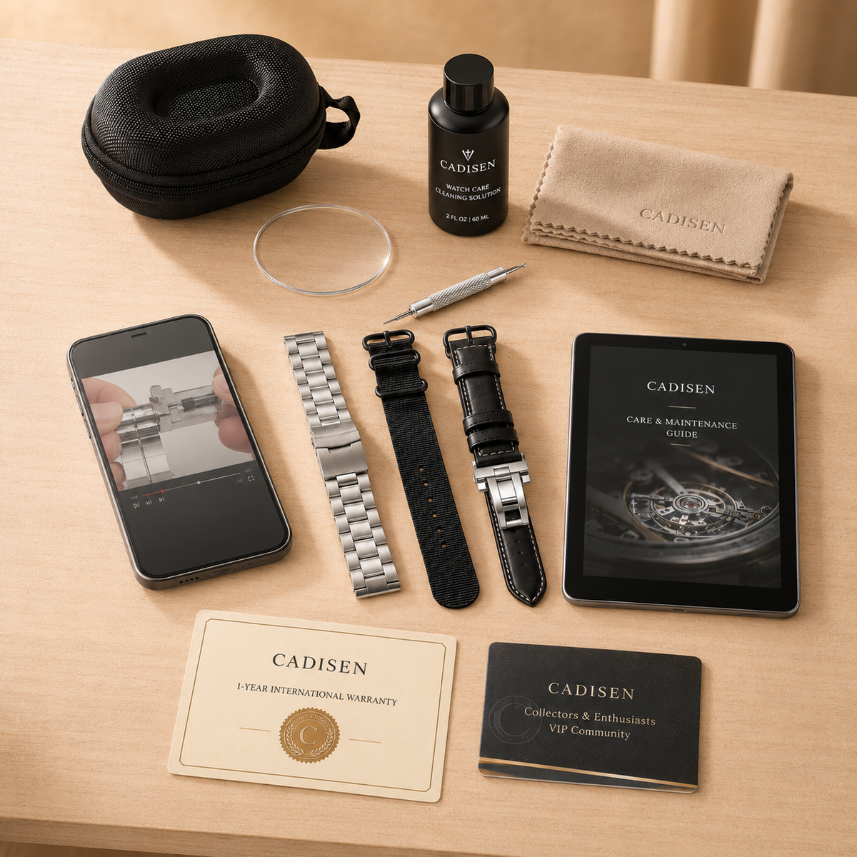 kit completo Cadisen brasil com pulseira extra, estojo extra anti-impacto, kit de cuidado e ajuste, vídeo aula de ajuste de pulseira em 1 minuto, guia rápido de uso e conservação, garantia estendida nacional de 1 ano e comunidade vip de entusiastas. São mais de mil e trezentos reais em brindes e bônus.