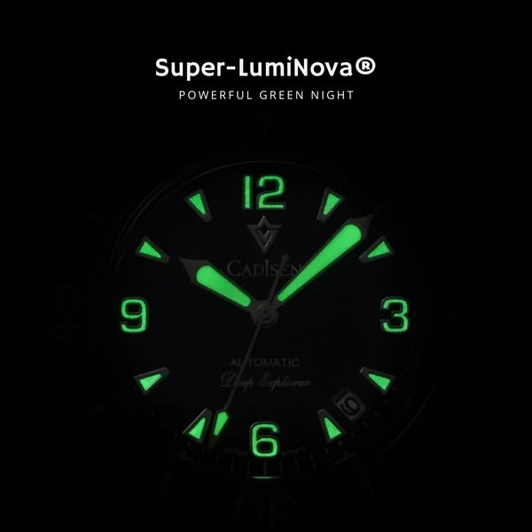 Relógio Cadisen Masculino Mecânico Automático Deep Presence Shadow Diver Preto com lumen super-luminova